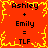 Red background with yellow pixelated border, black text showing 'Ashley + Emily = TLF' repeated twice in a