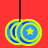 Nine identical blue circular icons with yellow outlines and star symbols hang from black strings against a red background.