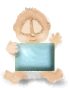 Animated baby figure with changing facial features and text on a sign held in front of its body.