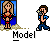 Pixel art animation of a man taking photos with a camera in front of a model standing by a blue door, with text "Model" below.