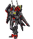 Six pixelated mecha poses in gray, red, and yellow on light gray background; each pose shows distinct leg/foot positioning with consistent torso and wing details.
