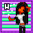 Pixel art character with orange skin and long black hair, wearing white crop top and checkered pants against striped background.