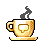 Pixel art of a golden cup with steam rising, featuring a speech bubble symbol on its side and resting on a saucer against a gray background.
