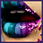 Pixelated lips with teal and purple lower lip, pink sparkles on right side, dark upper lip against light skin background.