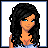 Pixelated icon shows a woman with long dark hair and blue eyes, followed by animated legs in orange shoes stepping down through text phrases.