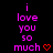 Pixelated text reads "i love you so much" in purple with a red heart symbol on black background.