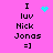 Pixelated text 'I luv Nick Jonas =]' on bright pink background with cyan heart and cyan dot cluster animations.