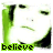 Animated sequence of a person's face with green background, text changes from 'believe' to 'in' to 'me.' across frames.