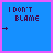 Pixel art of blue squares with pink borders displaying evolving text and symbols, transitioning from partial phrases to full sentences about blame and identity
