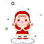 Pixelated character in red hooded coat with beige trim stands on cloud, arms raised, against gray background with scattered snowflakes.