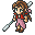 Pixel art character with brown hair, green eyes, red top, pink pants, and silver staff in four distinct poses against gray background.