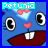 Pixelated blue character face with large eyes, pink heart nose, and red mouth showing teeth; text "Petunia" in cyan at top left.