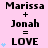 Pixelated text and blue heart symbols animate on a pink background, showing incremental addition of hearts beneath 'Marissa + Jonah = LOVE' phrases.