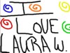 Hand-drawn text 'I LOVE LAURA W.' surrounded by colored spiral symbols on a white background.