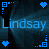 Animated pixel art featuring blue text 'Lindsay' over a dark background with repeating heart and square symbols.