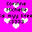 Pixelated text and hearts on a bright pink background with repeated phrases 'Corinne Michelle is myy life (3333)' in black font.