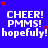 Blue background with repeated white text 'CHEER! PMMS!' and 'hopefully!', red and purple stars scattered across the image.