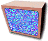 Four identical 3D-rendered television sets with brown frames and blue pixelated screens arranged in a two-by-two on gray background