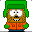 Pixelated character with green hat, brown face, orange vest, and green gloves; left side shows arms at sides, right side shows arms raised.