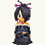 Pixelated character with black hair and purple hairpins, wearing dark robe with orange accents, standing against white background.