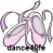 Pixelated icon of two ballet shoes with pink accents and gray straps against a white background.