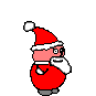 Pixelated Santa Claus figure in red suit with white trim, gray boots, and a red hat with white pom-pom, shown in multiple poses against light gray background with small white snowflakes.