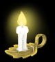 Animated candle icon with flickering flame on golden leaf-shaped holder against black background