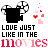 Black silhouette of Mickey Mouse head with film reels on ears, pink hearts and 'LOVE JUST LIKE IN THE MOVIES' text in red and black.