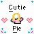 Pixel art icon with "Cutie Pie" text, pink hearts, blue crosses, and a central figure with blonde hair and pink clothing.
