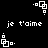 Black background with white pixelated text and geometric shapes in a repeating pattern, showing animated rotation of square-based icons and text "je t'aime" in two