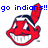 Pixelated red cartoon face with wide grin and feathered headdress, blue text 'go indians!!' above on white background.