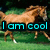 Pixelated image of a light brown horse standing on green grass with a dark background, overlaid with cyan text reading "I am cool" in a digital font.