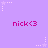Pixelated purple background with repeated pink text 'nick<3' and white star patterns in corners and midpoints.