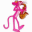 A pixelated animated contact sheet showing two frames of a pink cartoon panther playing saxophone on the left and green text reading 'Original Icons .com' on the right against dark background.
