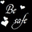 Black and white buddy icon with 'Be safe' text and heart symbols, showing two color-inverted states.