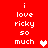 Red background with white pixelated text reading "i love ricky so much" and a heart symbol, displayed in two vertical with animated heart color changes
