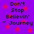 Purple background with red stars and repeated black text reading "Don't Stop Believin' 'Journey'" in pixelated font.