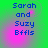 Blue pixelated text reading 'Sarah and Suzy Bffls' on a green background with pink gradient effects, displayed in four identical