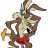 Pixelated cartoon character with brown antlers, large eyes, and a red lower body holding a golden object against white background.