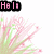 Pixelated pink and green floral burst with changing text overlays in black boxes.