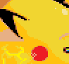 Pixelated yellow background with black silhouette, red circular shape, and small multicolored square on right.
