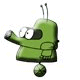 Green cartoon robot with large eyes, two antennae, and a spherical foot on white background.