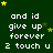 Green background with white pixelated text reading "and id give up forever 2 touch u" repeated in a , yellow stars scattered across the image