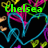Green text reading 'chelsea' overlaid on a black background with a large cyan heart outline and scattered colorful pixel clusters.