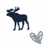 Dark blue moose silhouette with antlers stands beside a light gray heart outline on white background; one version shows the moose slightly larger and more distinct than others.