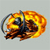 A pixelated circular icon with a fiery orange and yellow gradient background, featuring a dark central shape with a curved metallic ring on the left side.