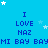 Blue background with repeated text "I LOVE NAZ MI BAY BAYMI" in dark blue, white stars scattered throughout.