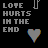 Pixelated text and heart symbols on black and pink backgrounds with animated heart variations.