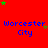 Red background with blue text 'Worcester City' repeated in a , green and brown stars scattered throughout