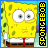 Two side-by-side animated frames of a pixelated yellow cartoon character with large eyes, white shirt, red tie, and brown pants against a blue background.